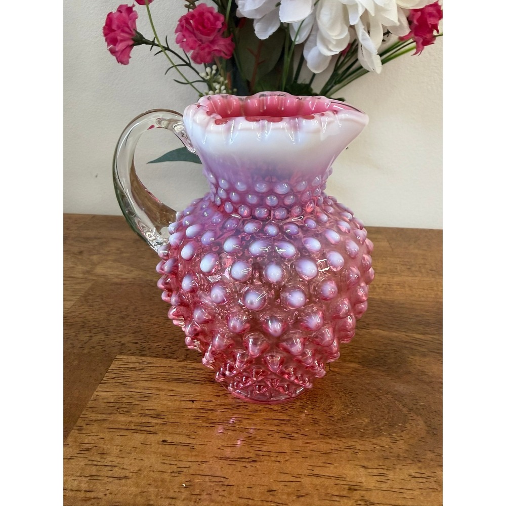 Vintage Fenton Cranberry Opalescent Hobnail Pitcher Pink Glass Clear Handle Pink